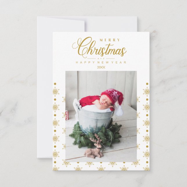 Carte Golden Snowflakes Merry Christmas Photo Baby (Devant)