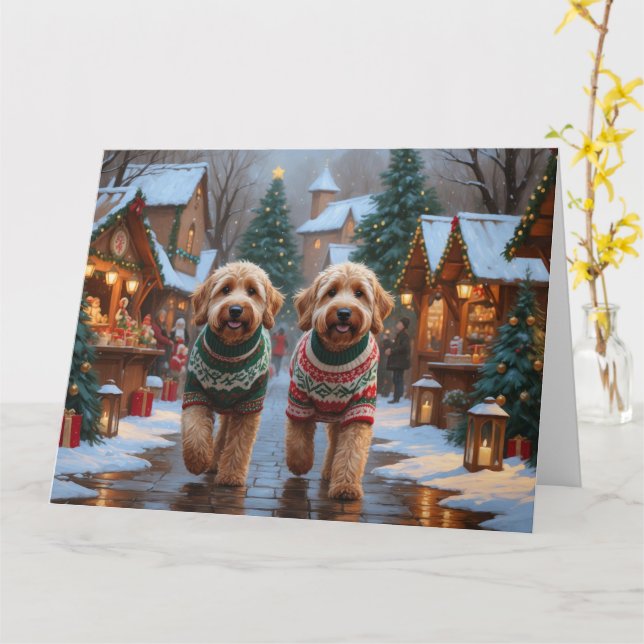 Carte Goldendoodle Chiens Noël Fête de la Neige (Fleur jaune)