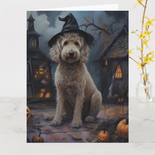 Carte Goldendoodle Citrouille Halloween effrayant (Fleur jaune)