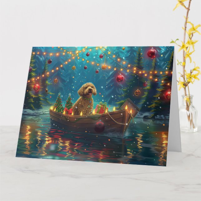 Carte Goldendoodle Noël Festive Voyage (Fleur jaune)