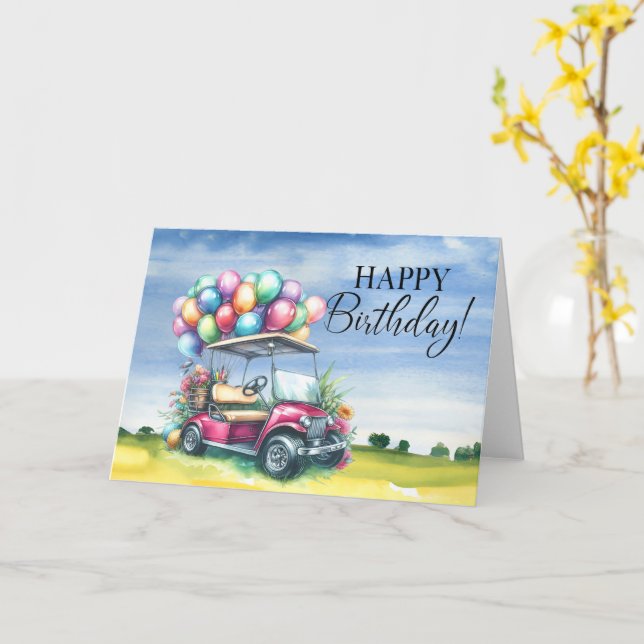 Carte Golf Anniversaire à Golfer avec voiturette de golf (Fleur jaune)