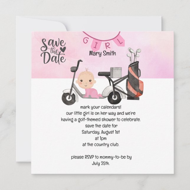 Carte Golf Baby Girl Baby shower sur rose enregistrer la (Devant)