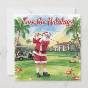 Carte Golf Joyeux Noël avec le Père Noël et le flamant