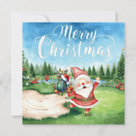 Carte Golf Joyeux Noël avec Père Noël jouant au golf