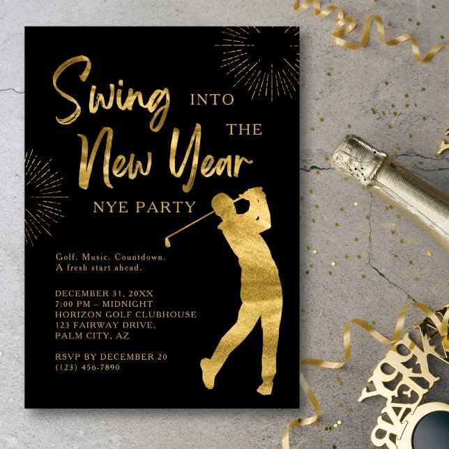 Carte Golf New Years Eve Party Golf Theme Black and Gold (Stylish NYE invite for golf-themed parties.)