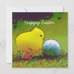 Carte Golf Pâques avec poulet jaune et balle de golf