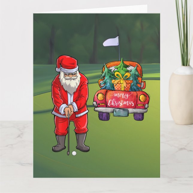 Carte Golf sapin de Noël en voiture rouge avec le Père N (Devant)