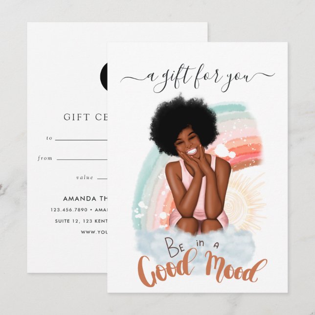 Carte Good Mood Black Woman Certificat cadeau femme (Devant / Derrière)