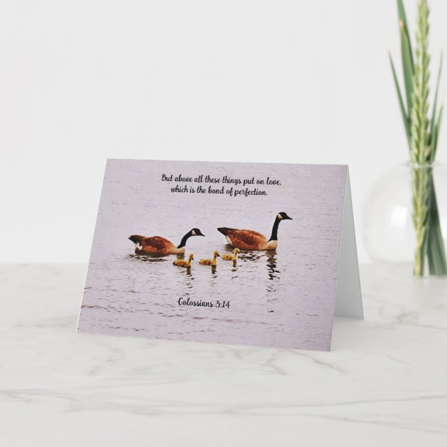 Carte Goose Couple et Bébé Goslings Love Bible Verse (Devant)