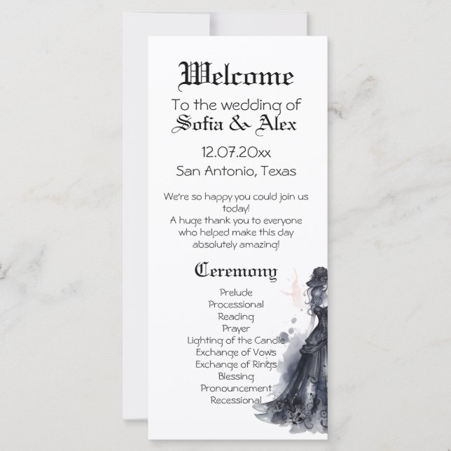 Carte Goth mariage robe noire rose d'aquarelle (Devant)