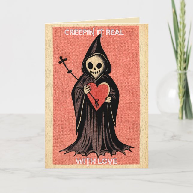 Carte Gothique Saint-Valentin Sombre Faucheuse avec Cœur (Devant)