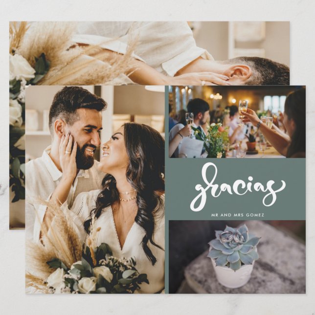 Carte Gracias Photo Collage Merci Mariage vert (Devant / Derrière)