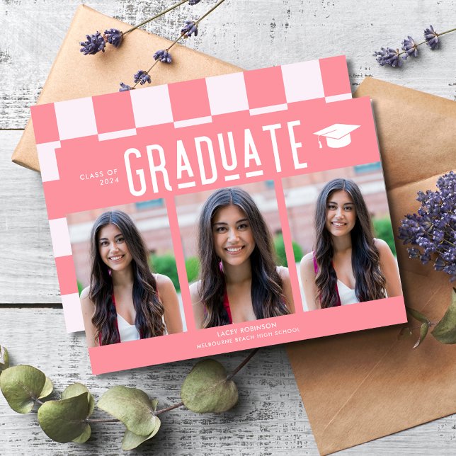 Carte Graduate Pink 3 Photo Lycée Graduate (Graduate Pink 3 Photo High School Graduation Announcement )