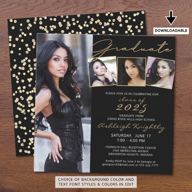 Carte Graduate Script 4 Photo Black Gold Confetti (Créateur téléchargé)