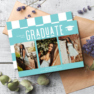 Carte Graduate Turquoise Checkerboard 3 Photo Graduation
