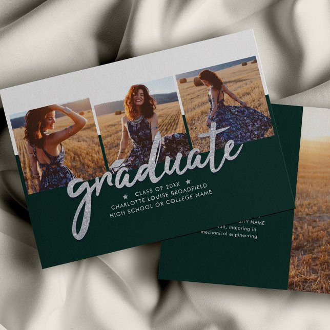 Carte Graduation 2023 Photo Collage Green Silver Grad (Graduation Photo Collage Green Modern Grad Announcement)