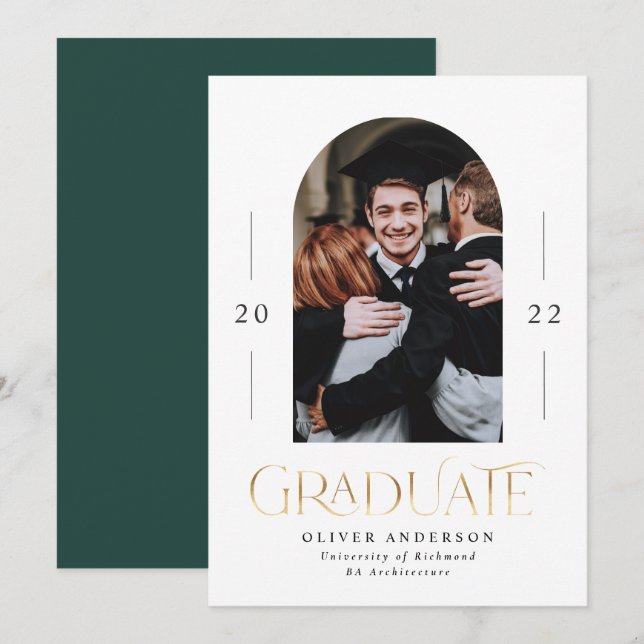 Carte Graduation moderne élégant or vert 1 arc photo (Devant / Derrière)