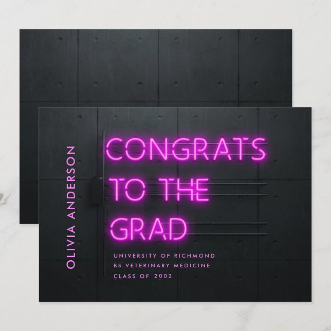 Carte Graduation néon rose brillant congrès moderne (Devant / Derrière)