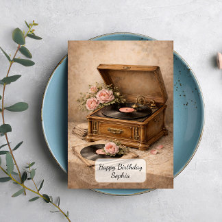 Carte Gramophone Vintage avec Roses
