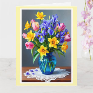 Carte Grand Bouquet de jonquilles et tulipes pour la Fêt