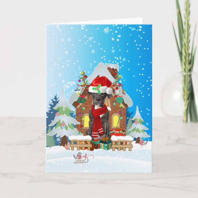 Carte Grand Danois dans la neige avec des cadeaux de Noë (Devant)