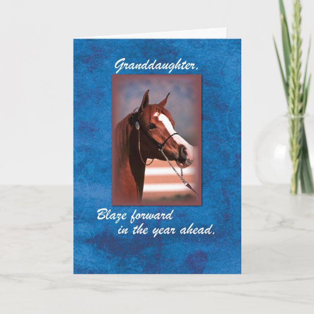Carte Grand-fille Cheval d'anniversaire en bleu (Devant)