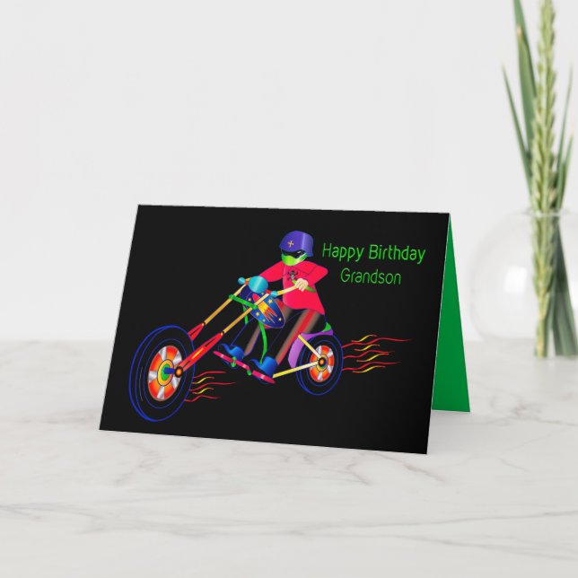 Carte Grand-fils d'Anniversaire, Biker en moto couleur v (Devant)