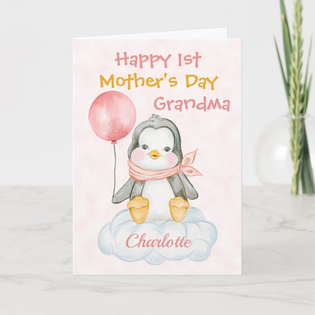 Carte Grand-mère 1ère Fête des mères Pingouin rose (Devant)