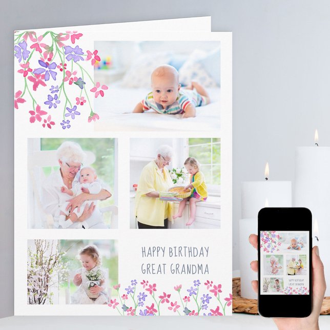 Carte Grand-mère 4 Photo Ditsy Fleurs roses Anniversaire (Créateur téléchargé)