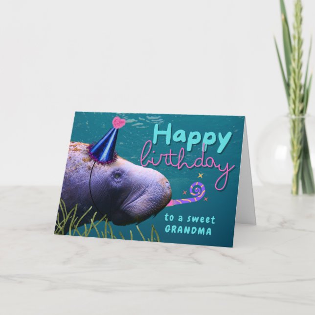Carte Grand-mère Anniversaire mignonne Manatee à la fête (Devant)