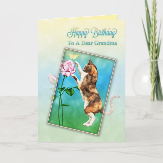 Carte Grand-mère, Joyeux anniversaire avec un chat ludiq (Devant)