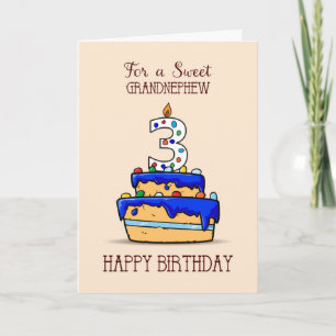 Carte Grand-neveu 3e anniversaire, 3 sur le gâteau bleu 