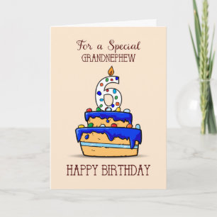 Carte Grand-neveu 6e anniversaire, 6 sur le gâteau bleu 