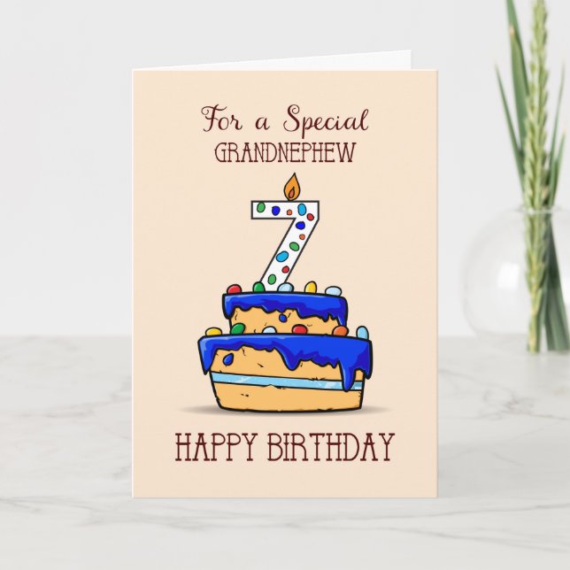 Carte Grand-neveu 7e anniversaire, 7 sur le gâteau bleu  (Devant)