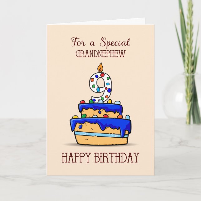 Carte Grand neveu 9e anniversaire, 9 sur le gâteau bleu  (Devant)