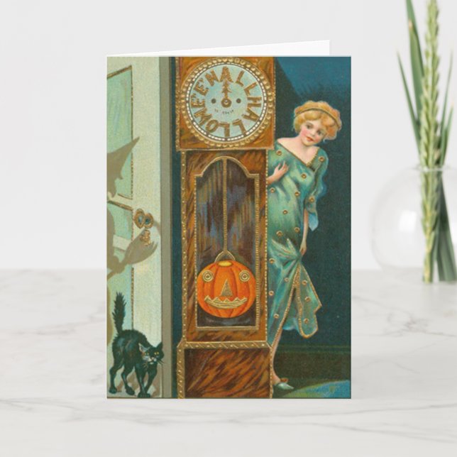 Carte Grand-père Horloge noir Chat sorcier Citrouille (Devant)
