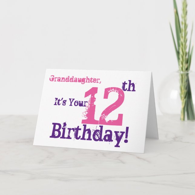 Carte Granddaughter's 12e Birthday in purple, rose. (Devant)