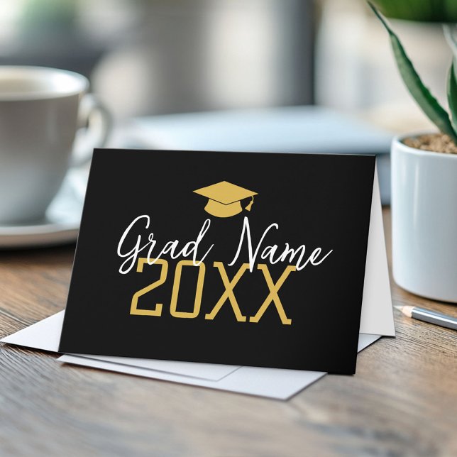 Carte Grande année - Nom et Casquette - Graduation d'or  (Custom Graduation Note Card)