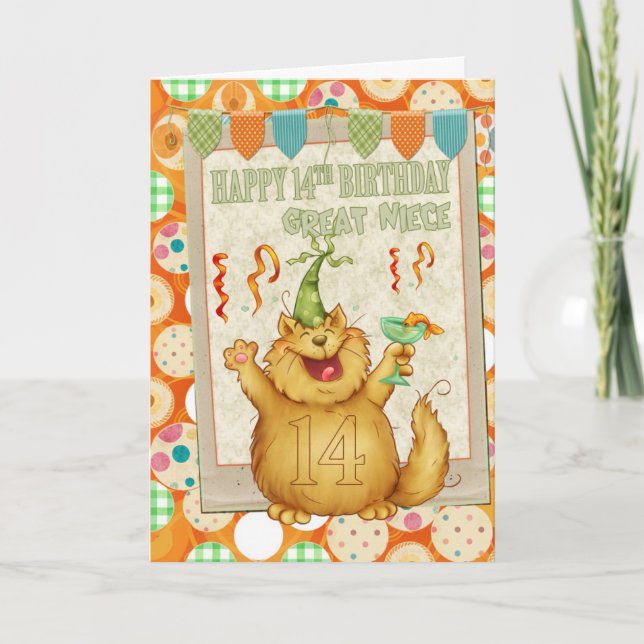 Carte Grande Nièce 14e anniversaire avec fun fun chat (Devant)