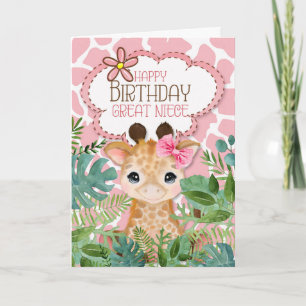 Carte Grande Nièce Pink Jungle Giraffe Thème Anniversair
