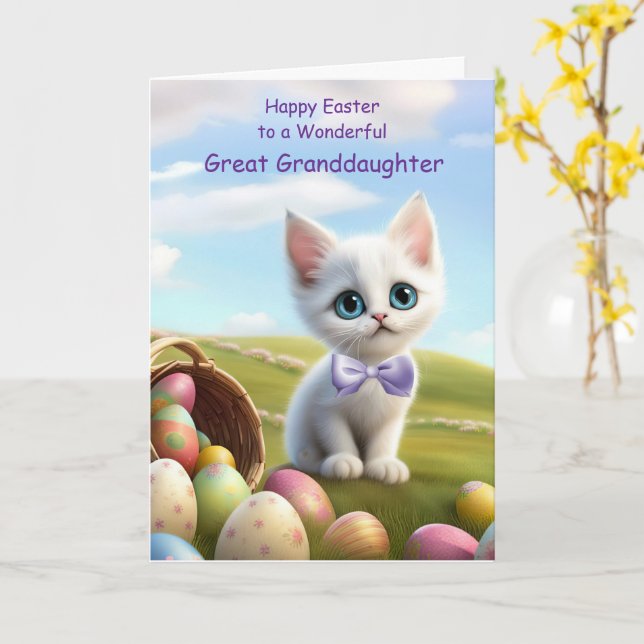 Carte Grande petite fille mignonne Pâques avec chaton (Fleur jaune)