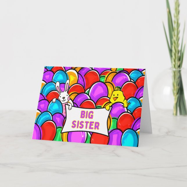 Carte Grande Soeur de Pâques avec Oeufs Jachés Poussins (Devant)
