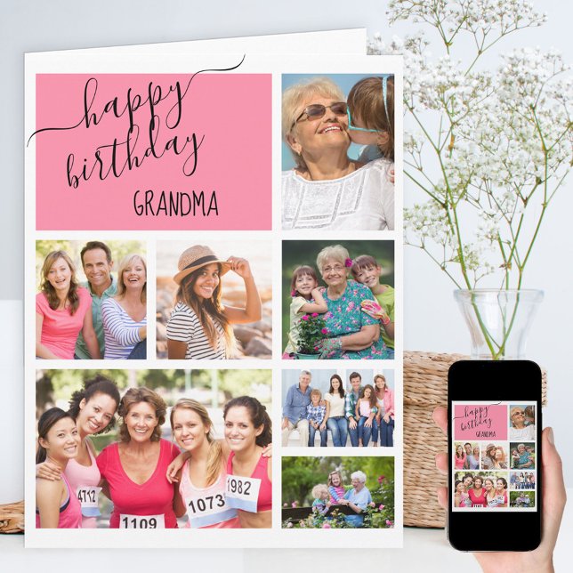 Carte Grandma 7 Photo Collage rose Personnalisé Annivers (Créateur téléchargé)