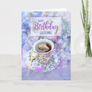 Carte Grandma Cup of Tea and Purple Flowers Anniversaire