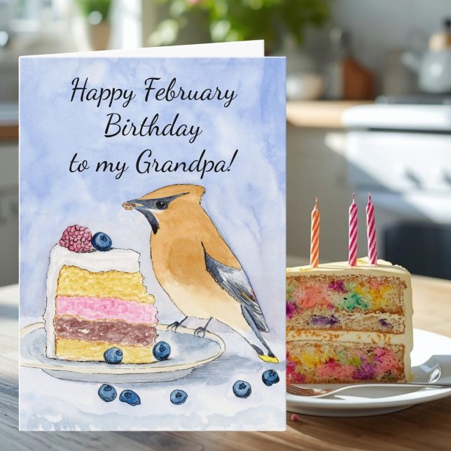 Carte Grandpa Happy February Birthday Cedar Waxwing Cake (Créateur téléchargé)
