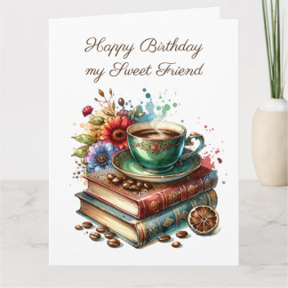 Carte Grands livres Vintages, fleurs et café Anniversair
