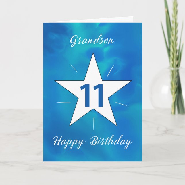 Carte Grandson 11e anniversaire Star Blue Green Aquarell (Devant)