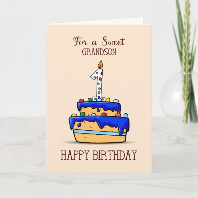 Carte Grandson 1er anniversaire, 1 sur le gâteau bleu do (Devant)
