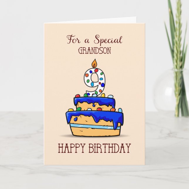 Carte Grandson 9e anniversaire, 9 sur le gâteau bleu dou (Devant)