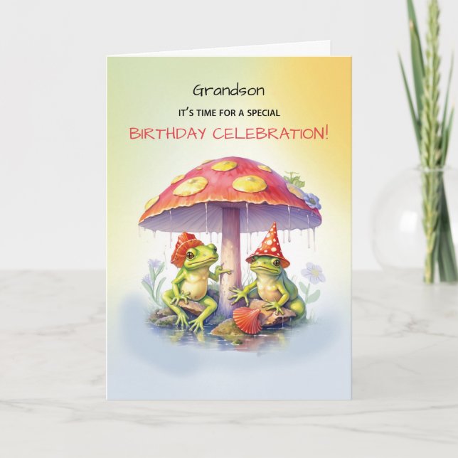 Carte Grandson Anniversaire Cute Frotes Sous Champignons (Devant)